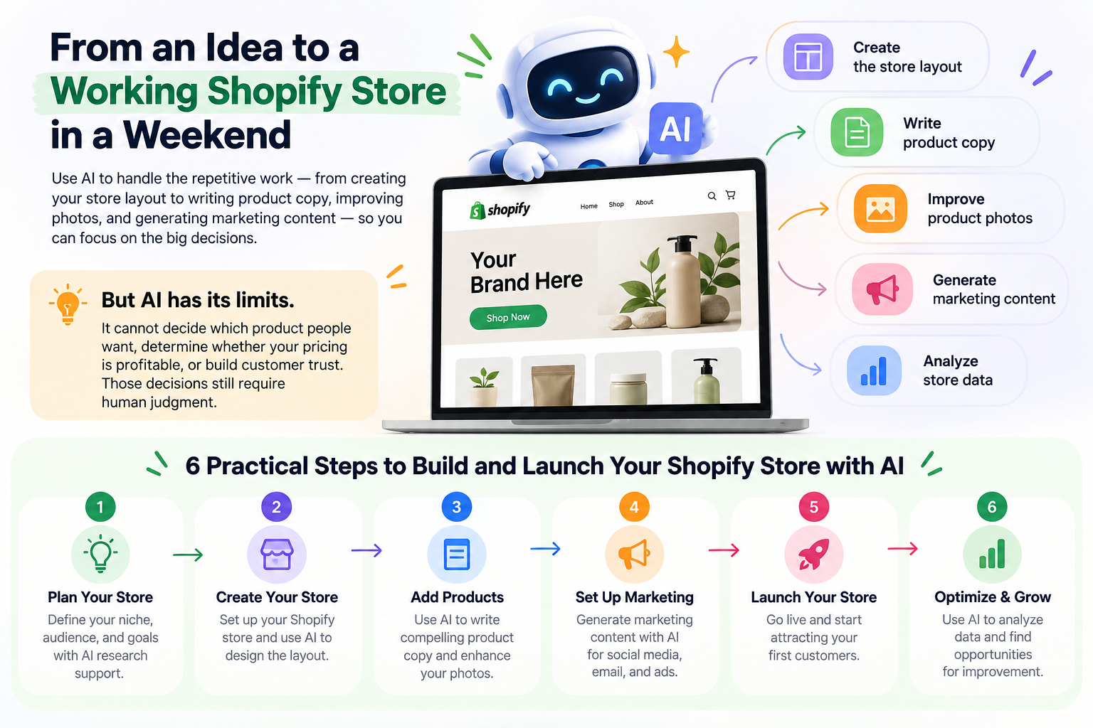 Learn how to build a Shopify store with AI in 2026, from generating your storefront and product content to marketing, SEO, analytics, and launch.